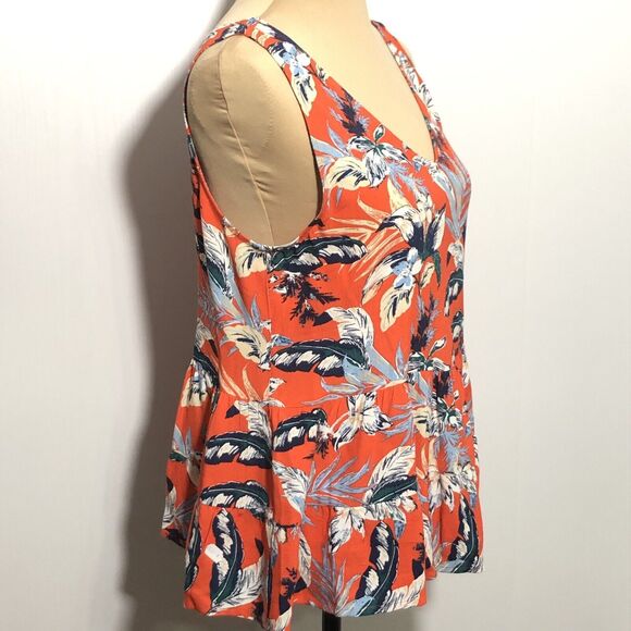Loft Blouse Womens Small Red Navy Blue Floral Tiered Sleeveless Double V Neck - Picture 5 of 15